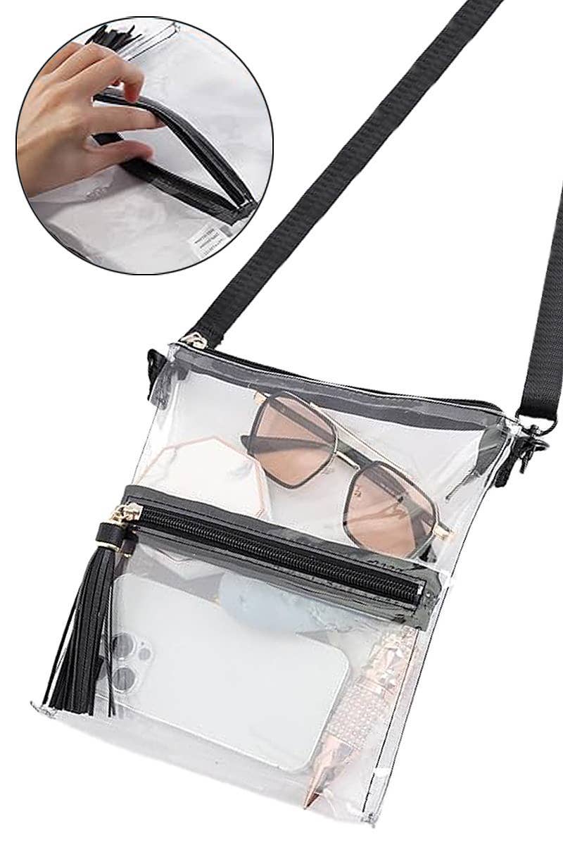 KLAR/SCHWARZ Strapazierfähige transparente PVC-Umhängetasche für den Großhandel auf Faire2