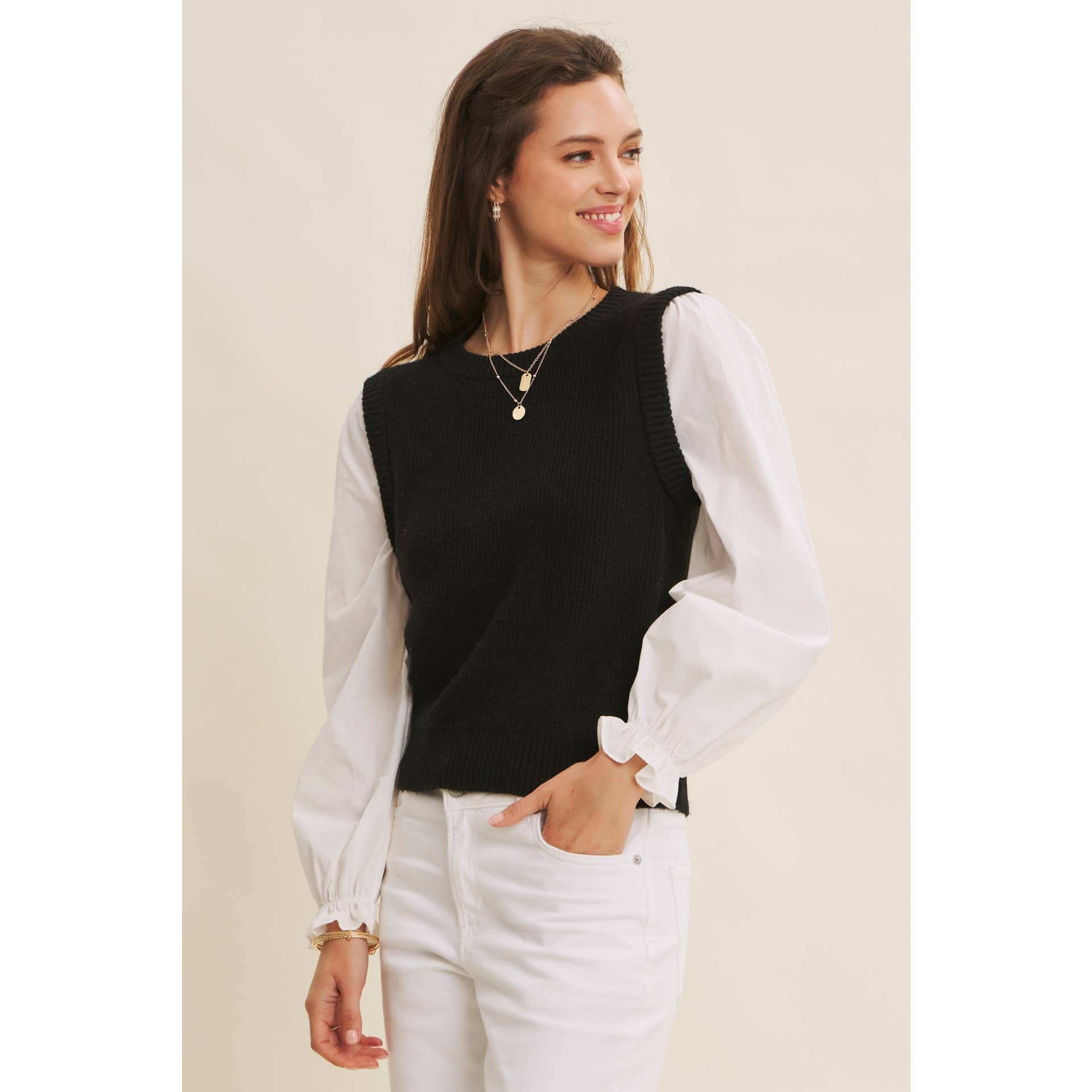 in february - Wholesale Knit Sweater - Women's - SWEATER VEST TOP WITH WOVEN PUFF SLEEVES14