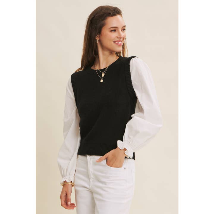 in february - Wholesale Knit Sweater - Women's - SWEATER VEST TOP WITH WOVEN PUFF SLEEVES14