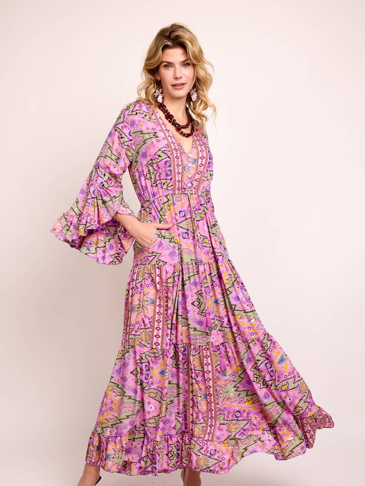 VESTIDO LARGO 100% SEDA FRÍA, ESTAMPADO ABSTRACTO para venta al por mayor de Nats Store