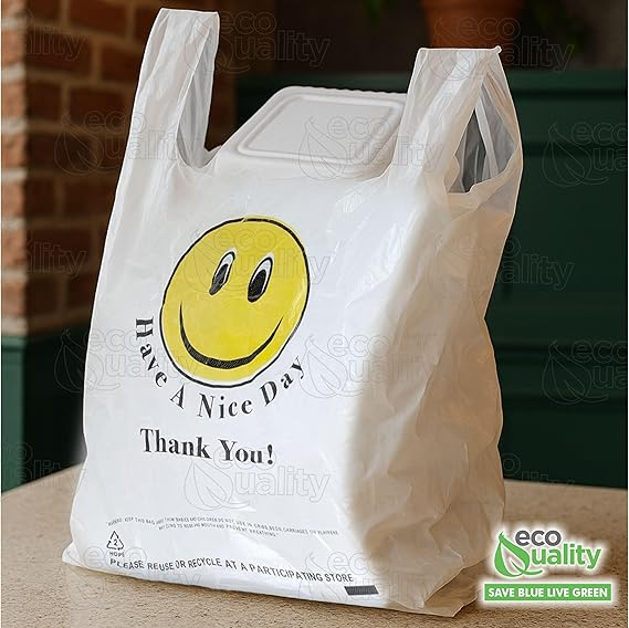 EcoQuality - Wholesale Grocery/Shopping Bag - EcoQuality White Smiley Face Plastic Shopping Bags Medium 10x5x185