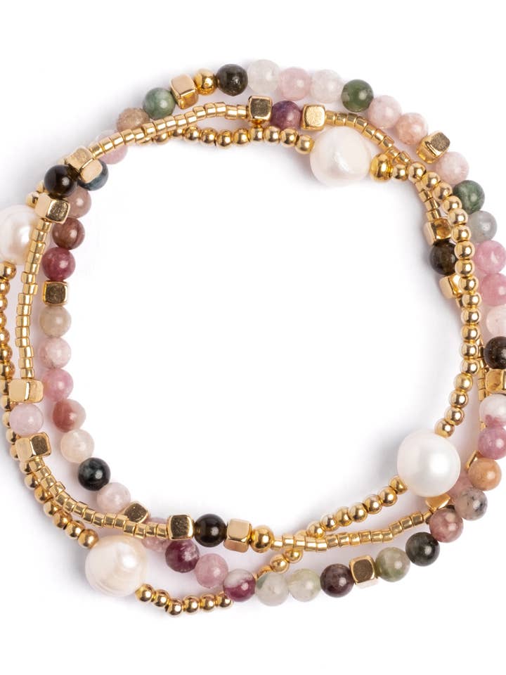 Set/3 Edelstein- und Perlen-Miyuki-Stretcharmbänder (Turmalin) für den Großhandel von Mayana Designs Co