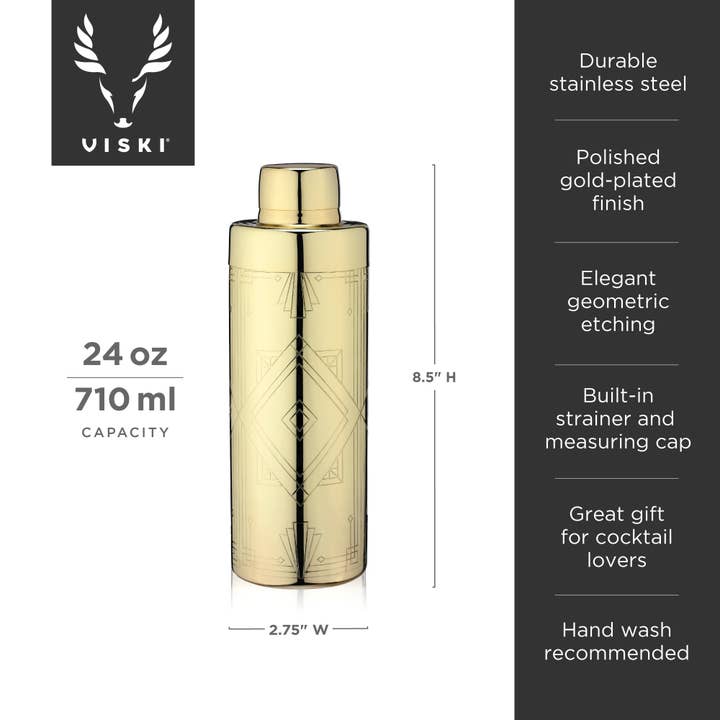 Viski - Wholesale Cocktail Shaker - Art Deco Gold Plated Cocktail Shaker with Built in Strainer6