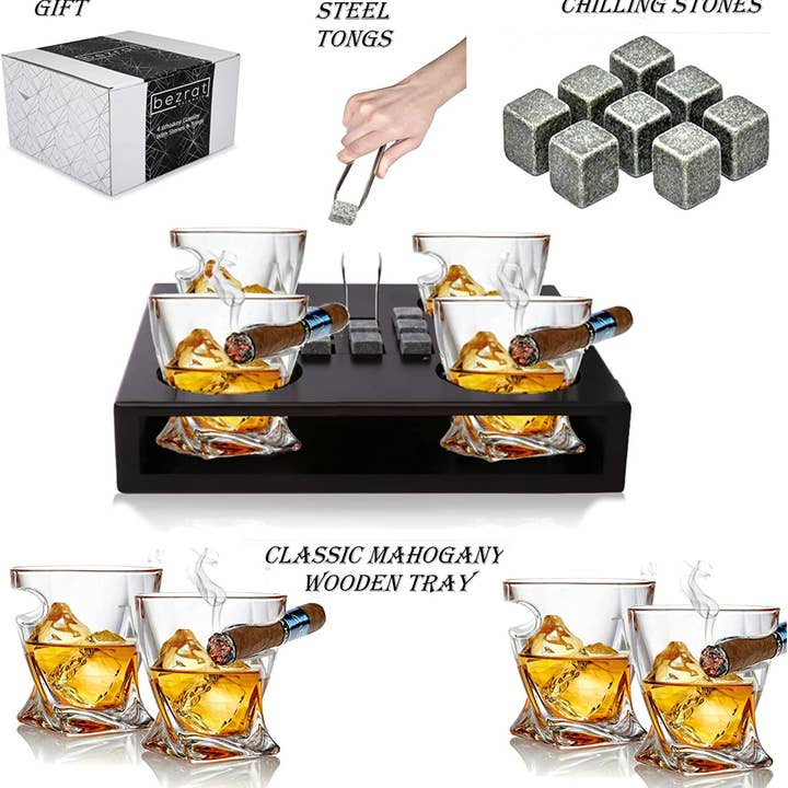Bezrat - Vente Verres à cocktail/alcool - 4 verres à whisky avec pierres rafraîchissantes sertis sur plateau en bois2