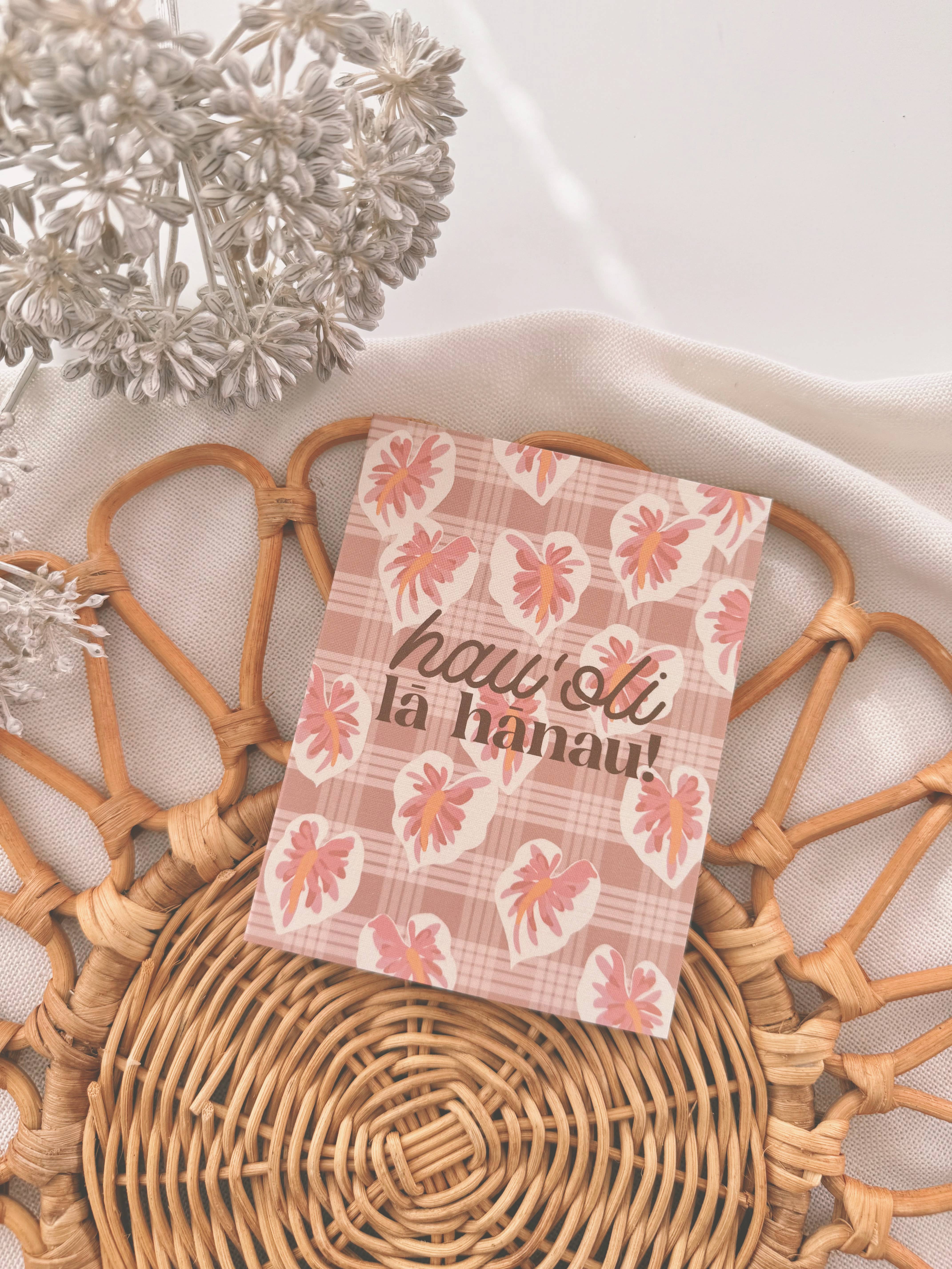 Bujo Bae - Wholesale Baby Card - Hau'oli Lā Hānau in White Hilo Anthurium | Greeting Card1