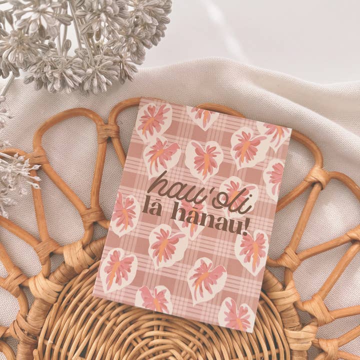 Bujo Bae - Wholesale Baby Card - Hau'oli Lā Hānau in White Hilo Anthurium | Greeting Card1
