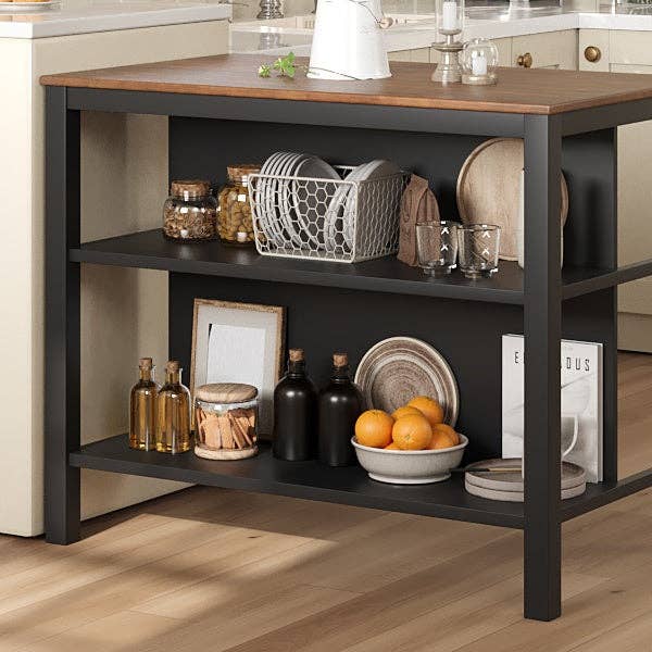 Orange County Decor - Wholesale Kitchen Storage/Organizer - Solid Wood Rustic 3 Piece 45" Stationary Kitchen Island Set With 2 Seatings, Rubber Wood Butcher Block Dining Table Set Prep Table Set With 2 Open Shelves For Small Places,Walnut Black Wood Wood