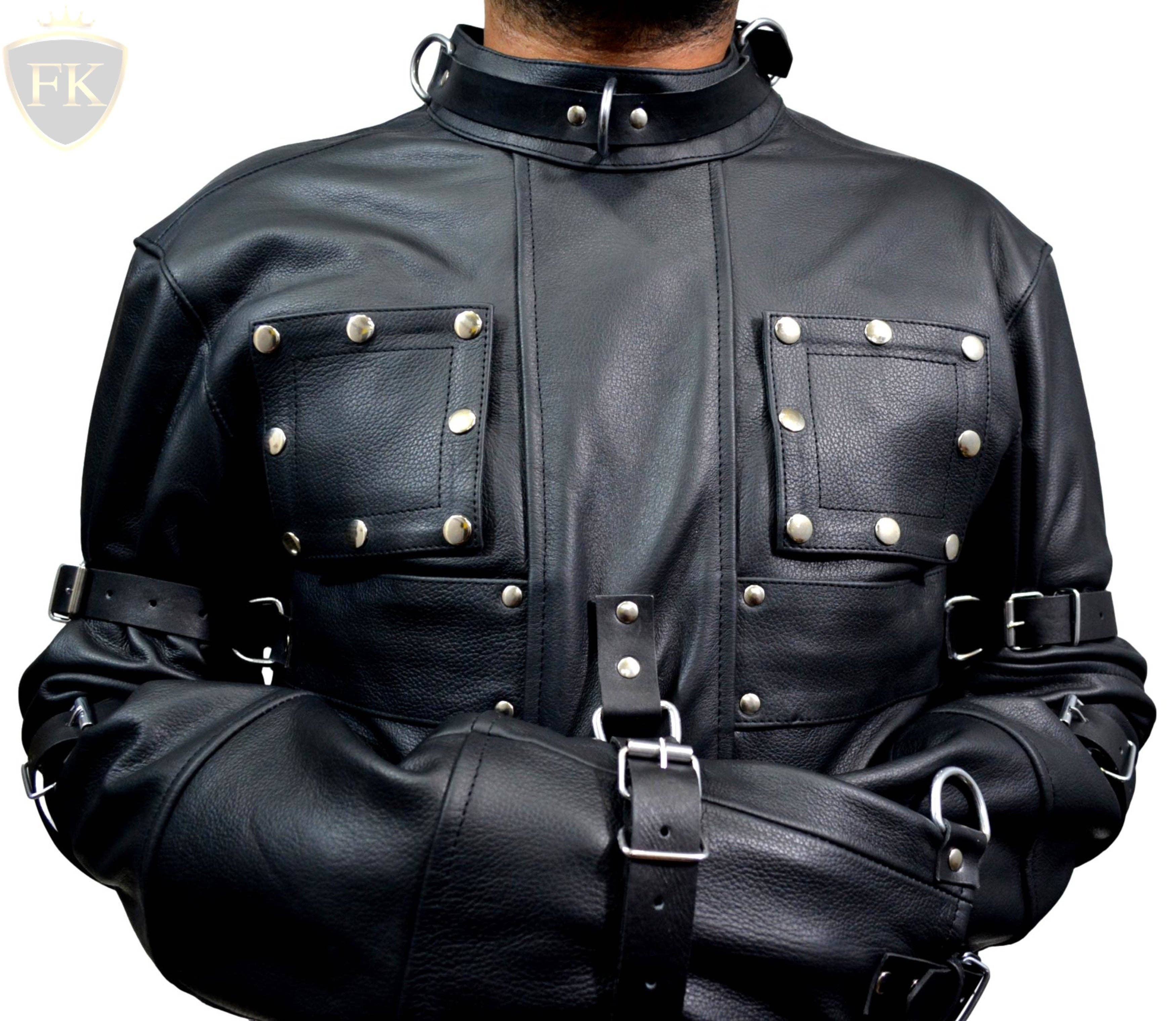 Meninleather – wholesale Leather jacket – Men′s – Men Leather Straitjacket Straight jacket with Locking Buckles Belts1