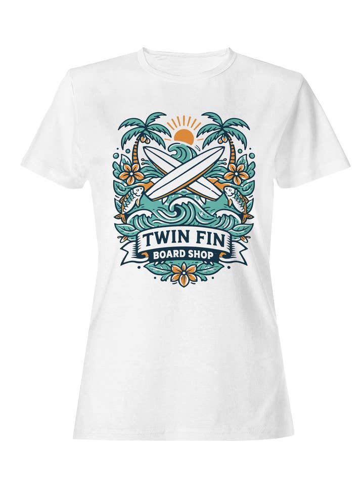 Twin Fin Surf Paradise Design Women's T-shirt for wholesale by TShirtGuys.com