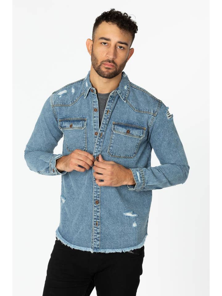 LIGHT WASHED Men's Denim Shirt with Distressed for wholesale on Faire8