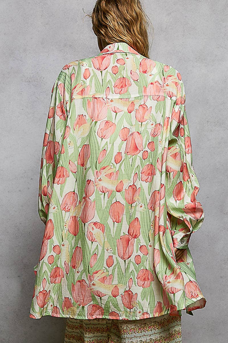 Pol Clothing - Wholesale Button Down Shirt - Women's - Boho Floral Print Long Sleeve Oversized Woven Shirt Top3