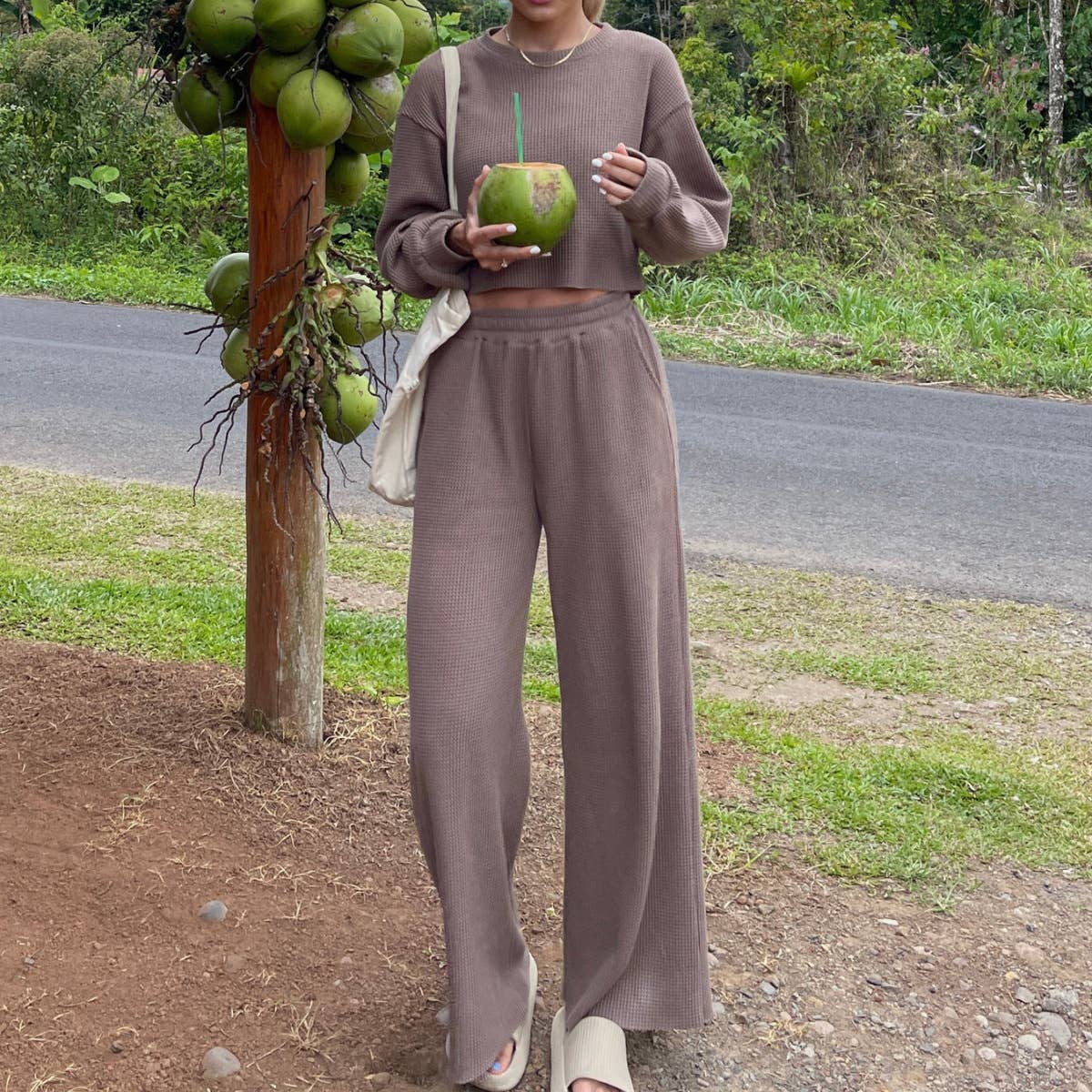 HIDDENBRAND - Wholesale Lounge Set - Women's - Waffle crop long sleeve top wide leg pant two piece set19