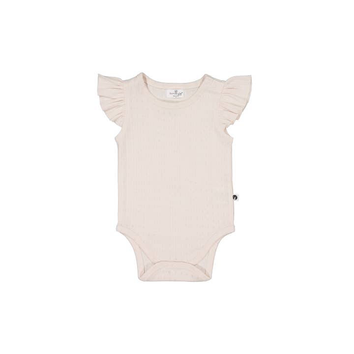 SS25 Almond Blush Pointelle Flutter bodysuit for wholesale by Burrow & Be Australia