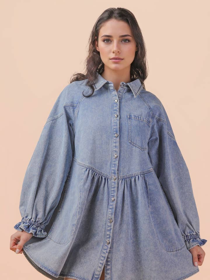 ND31936-Washed Denim Button Down Shirt Casual Mini Dress for wholesale by VERY J