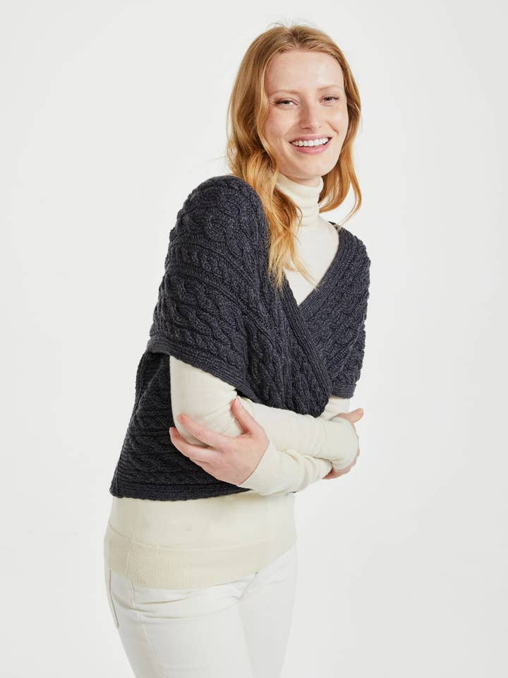 Corrib Crossover Aran Wrap - Grey for wholesale by Aran Woollen Mills