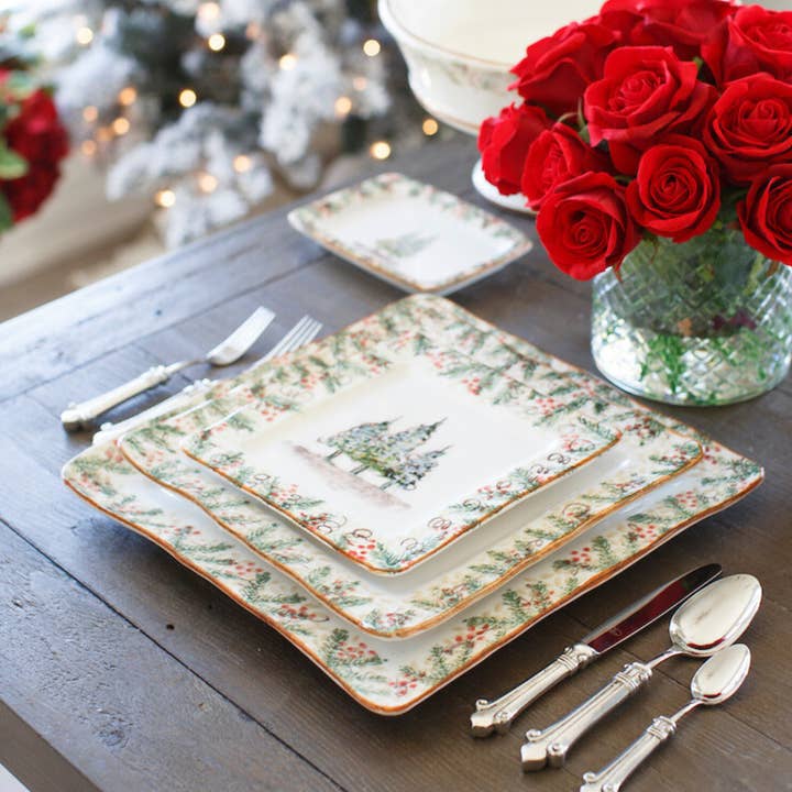 Arte Italica & Crown Linen Designs – Großhandel Essteller – Natale quadratischer Speiseteller mit Weihnachtsmotiv