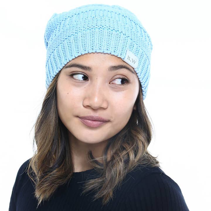 Winter Hat | Satin Lined | Natural Hair | Light Blue Beanie for wholesale by Beautifully Warm