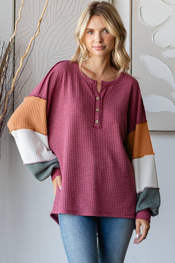 7th Ray – wholesale Knit top – Women's – Waffle Knit Color Block Button Front Balloon Sleeve TopT57243