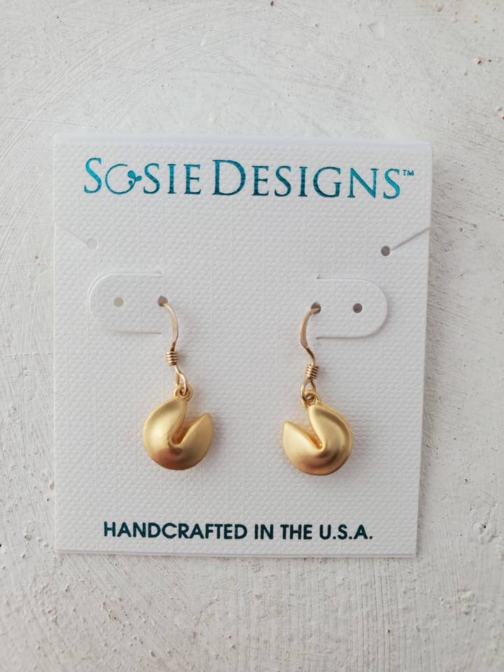 Matte Gold Fortune Cookie Earrings for wholesale by Sosie Designs