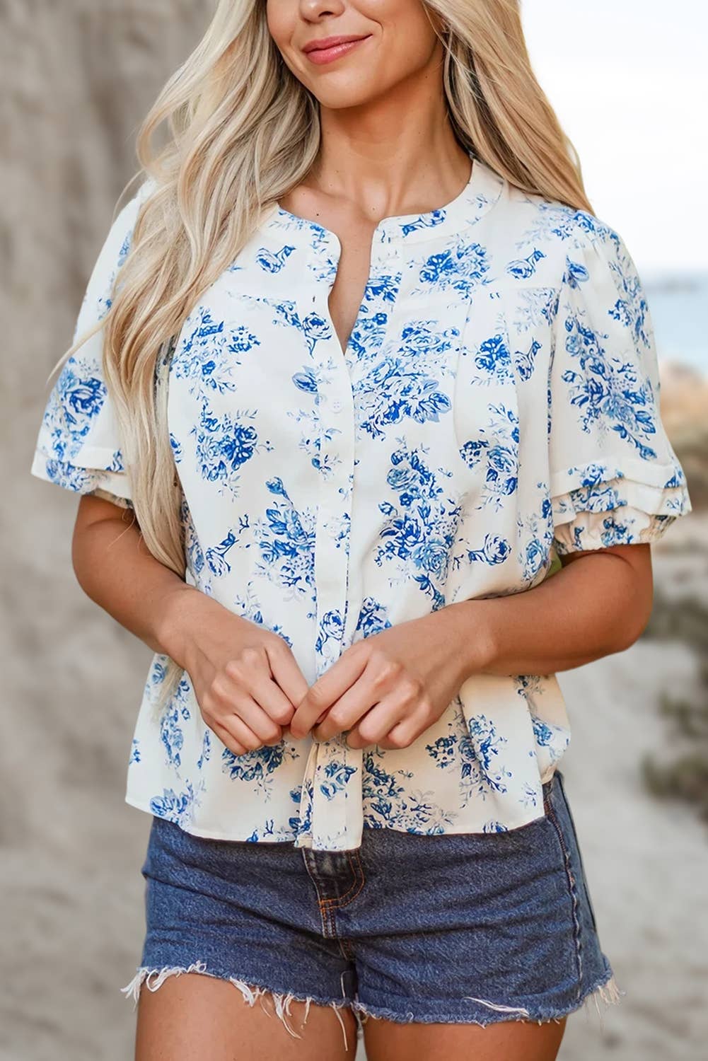 Comme indiqué Chemisier à boutons avec manches bouffantes plissées et motif floral BOHO | S-XL en vente sur Faire2