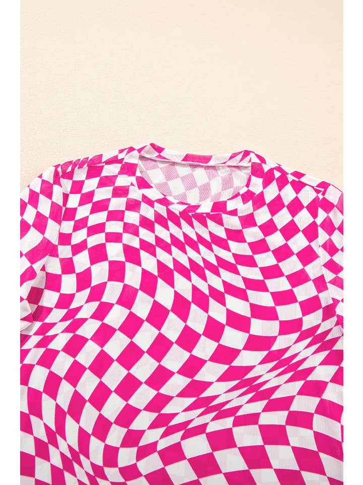 PartyEight - Wholesale Blouse - Women's - Checkered Pattern Mesh Mock Neck Long Sleeve Top24