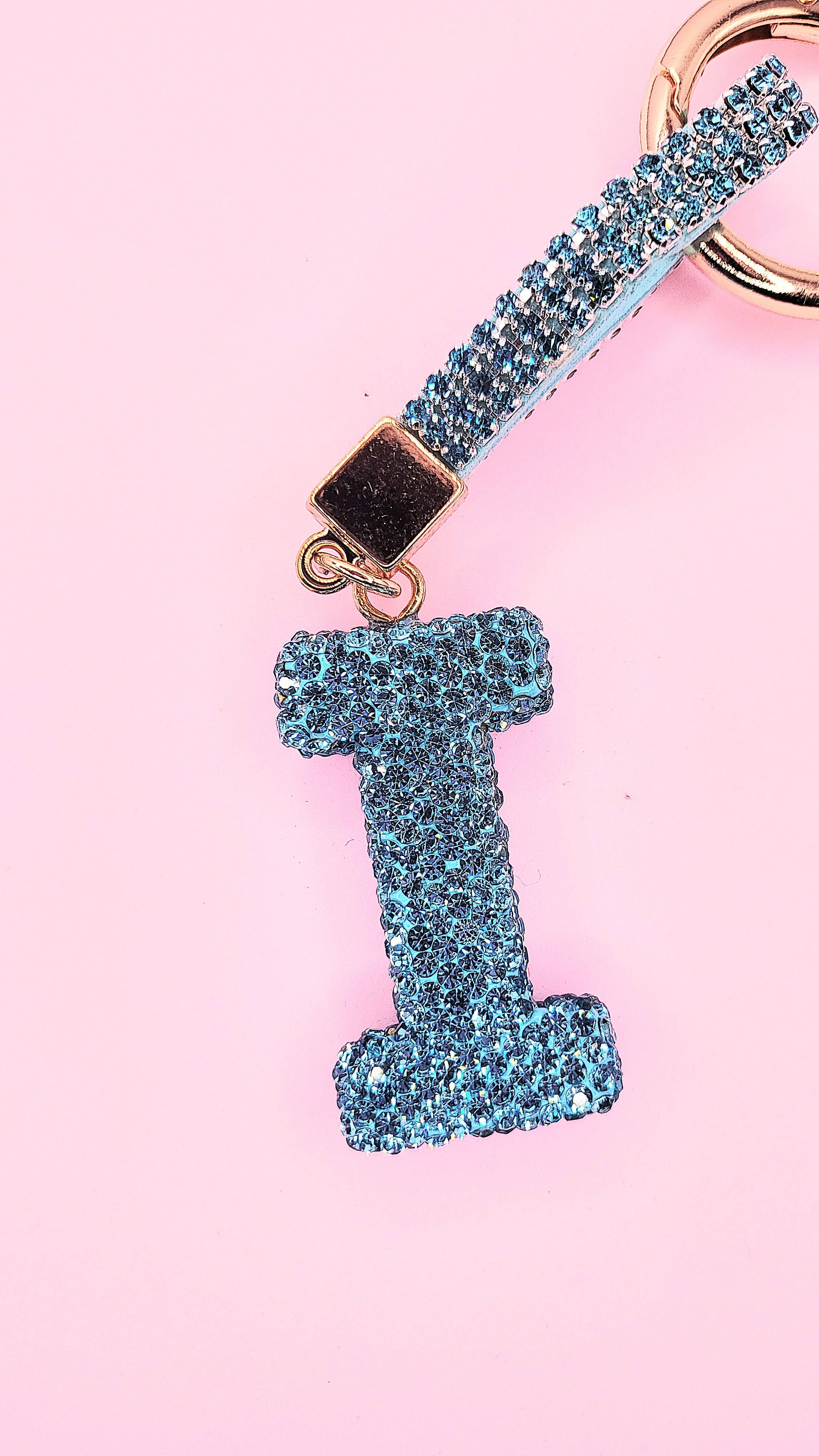 Silver Initial Letter Blue Crystal Key Ring & Bag Charm for wholesale on Faire8