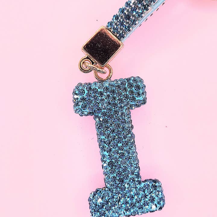 Silver Initial Letter Blue Crystal Key Ring & Bag Charm for wholesale on Faire8