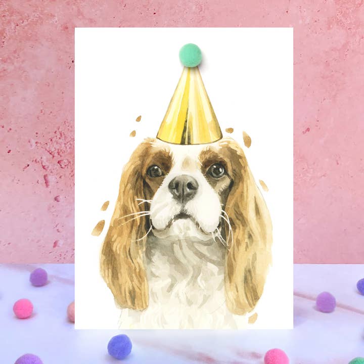 Cavalier King Charles Spaniel Pompom Geburtstagskarte für den Großhandel von Robert James Hull
