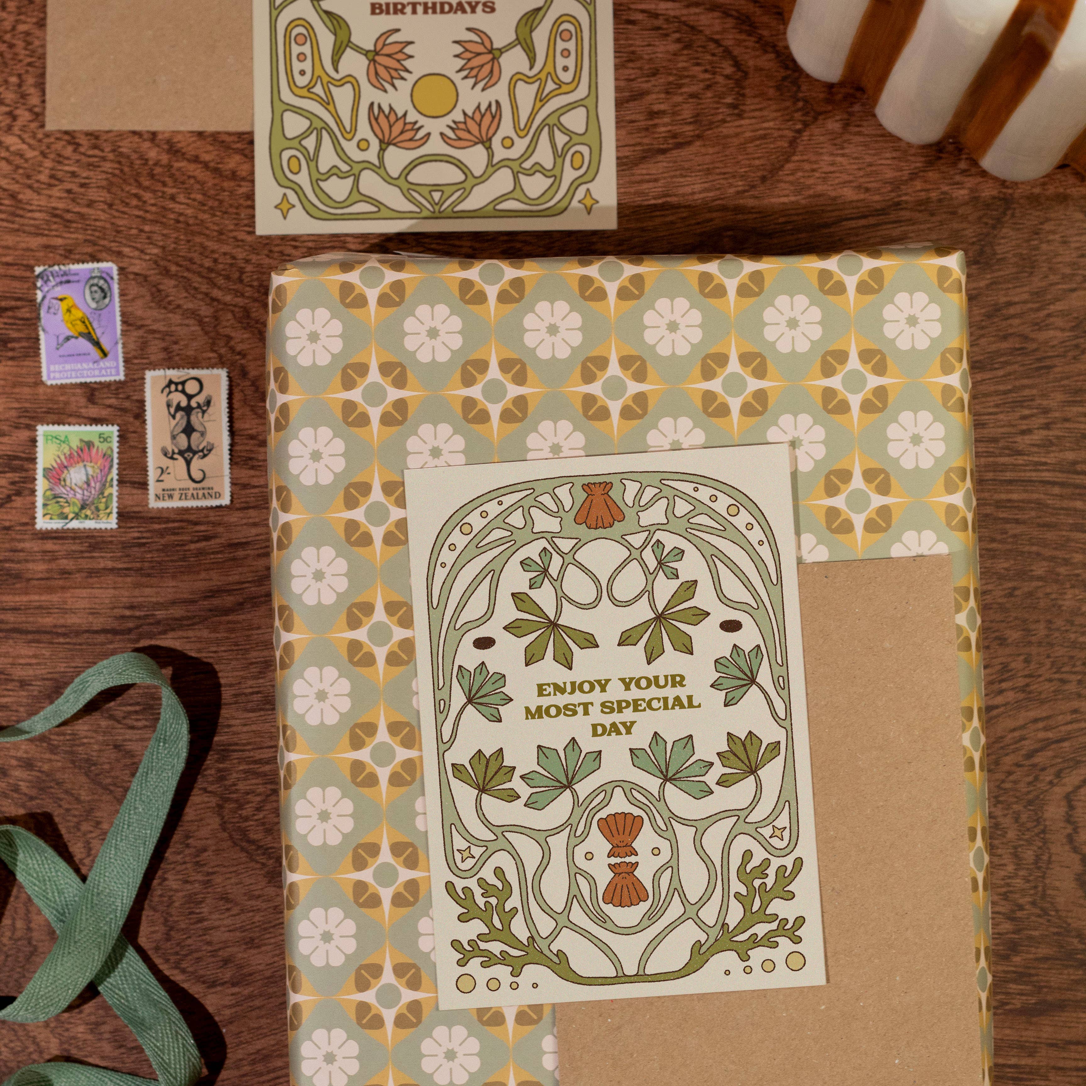 Lately Studio - Wholesale Flat Wrap - Flower Grid Wrapping Paper Sheet | Green Birthday Gift Wrap1