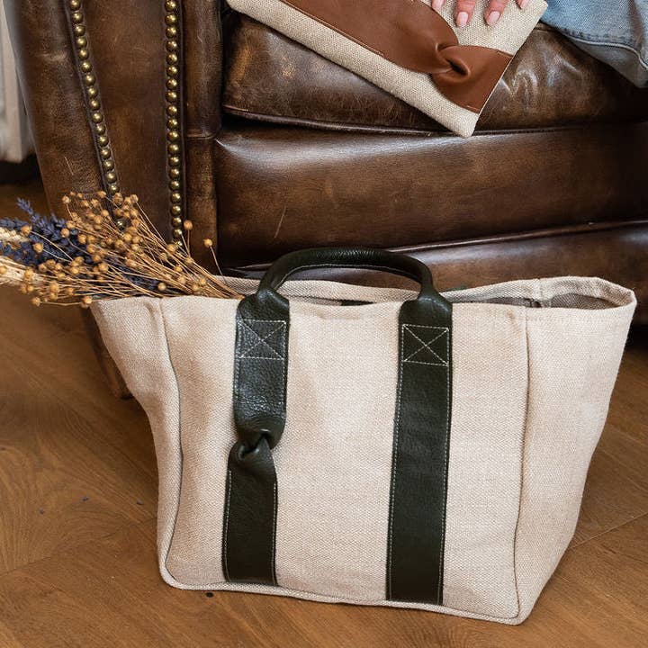 Tote bag - natural hemp, khaki leather for wholesale by Fossette