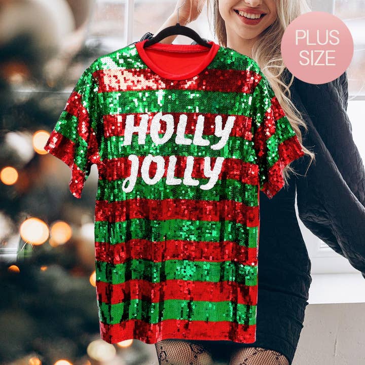Wona Trading, Inc. - Wholesale T-Shirt - Women's - HOLLY JOLLY Message Christmas Sequin Jersey Top