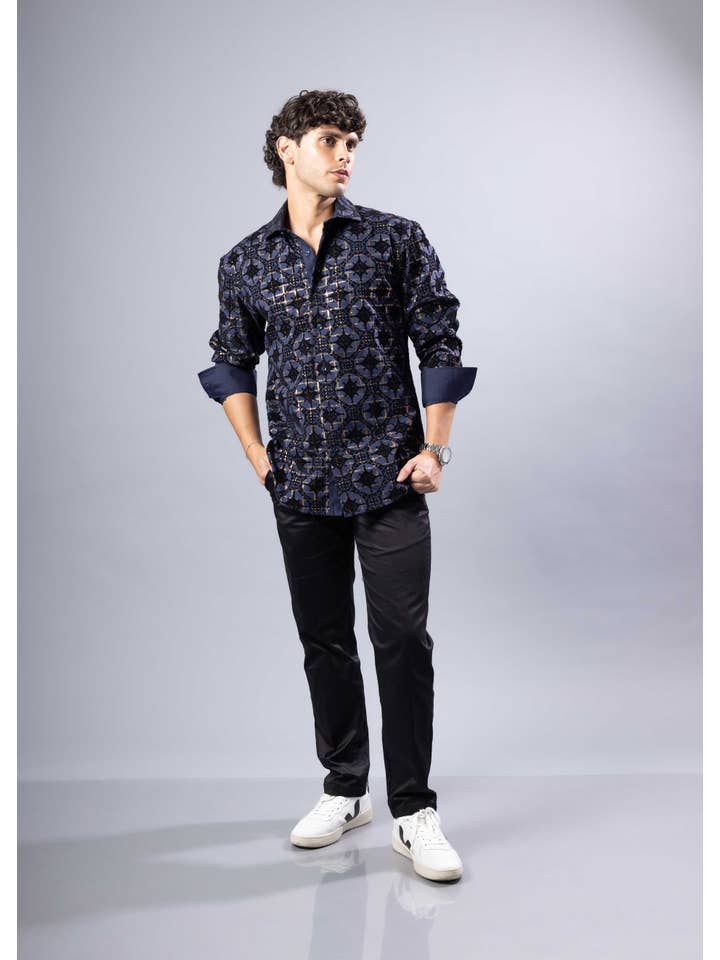 252220 - Navy Button Up Long Sleeve Dress Shirt for wholesale on Faire1