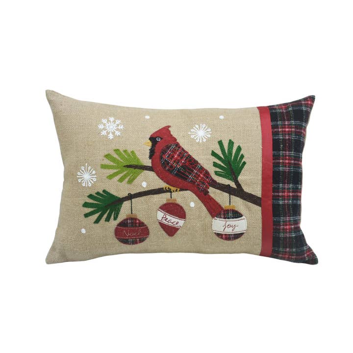Cardinal Noel Peace Joy Jute Christmas Pillow for wholesale by Xia Home Fashions & Manor Luxe