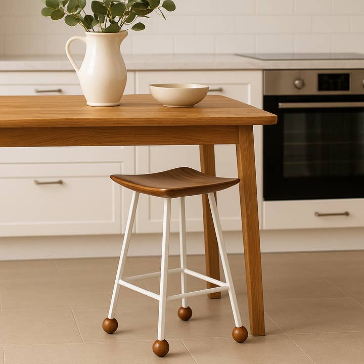 Wooden Stool – 47cm – White Iron Box Profile Legs / STL-033 for wholesale by Wood Stone Art