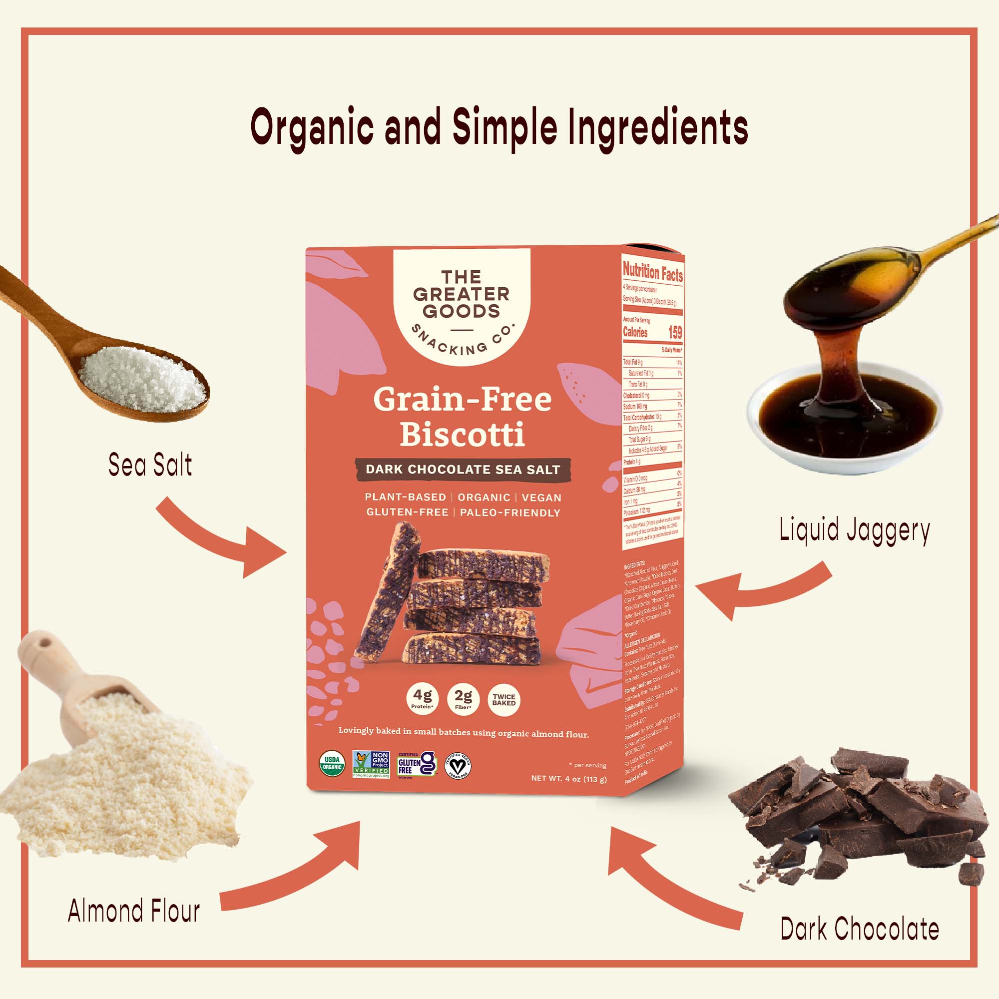 The Greater Goods Snacking Co. - Wholesale Cookie - Grain-free Biscotti Cookies - Dark Chocolate Sea Salt 4 oz.5
