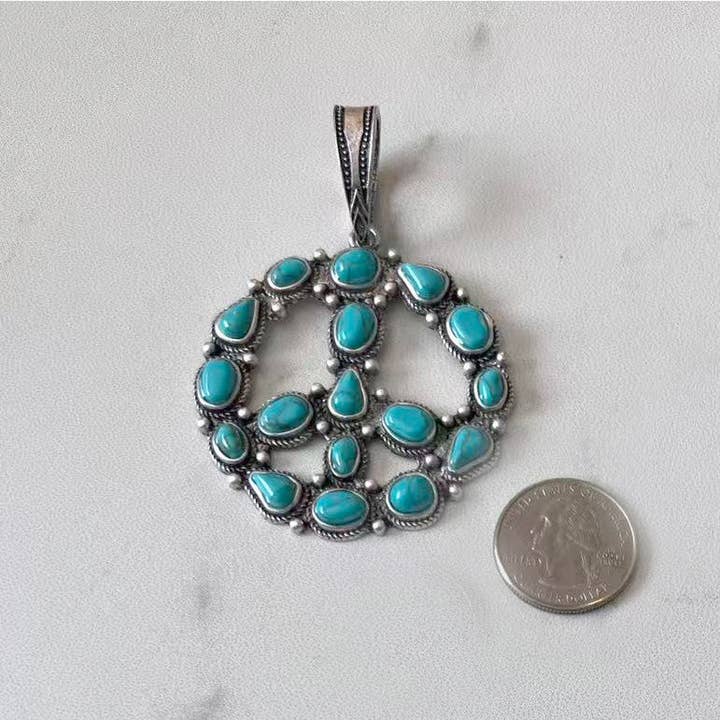 Western Elite Jewelry - Wholesale Individual Charm/Pendant - PDS250730-01-GREEN 55 mm silver metal with green turquoise stone peace sign pendent1