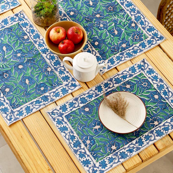 Sevya Handmade - Vente Sets de table - Sets de 6 sets de table floraux Sage & Blue2