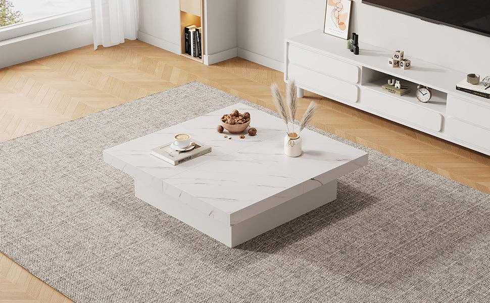 Urban Meuble - Wholesale Side Table - Modern white square coffee table with marble effect, 4 drawers, sliding top 90x90x25cm KHEKRIED9