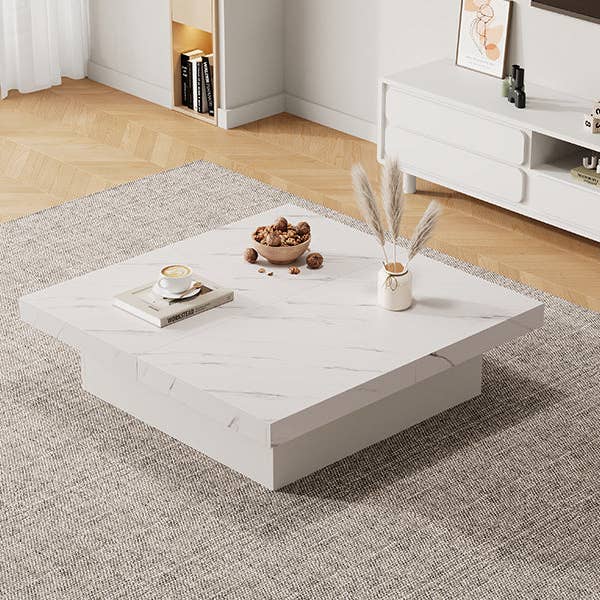 Urban Meuble - Wholesale Side Table - Modern white square coffee table with marble effect, 4 drawers, sliding top 90x90x25cm KHEKRIED9
