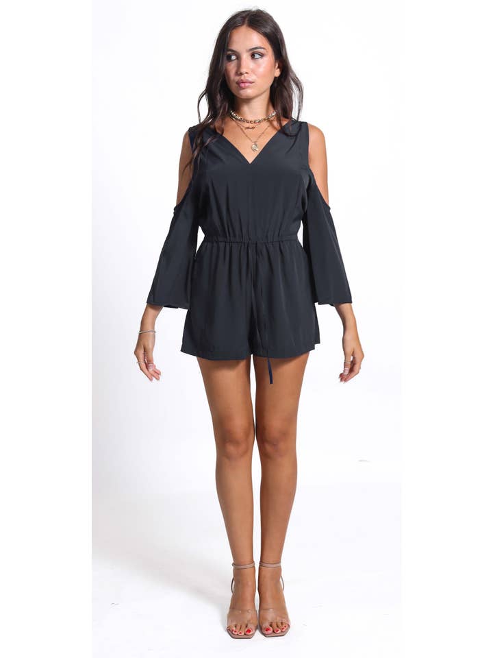 Black Cold Shoulder Playsuit in Black| Shadi for wholesale on Faire