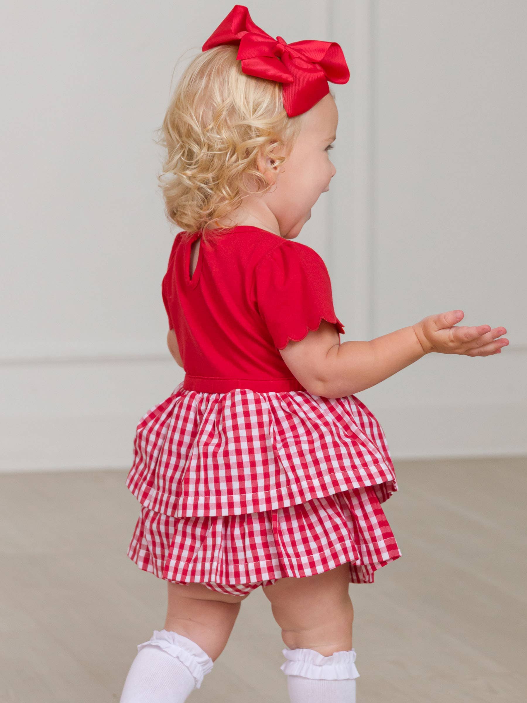 Baby Girls Classic Red Gingham Short Sleeve Skirted Romper for wholesale on Faire1