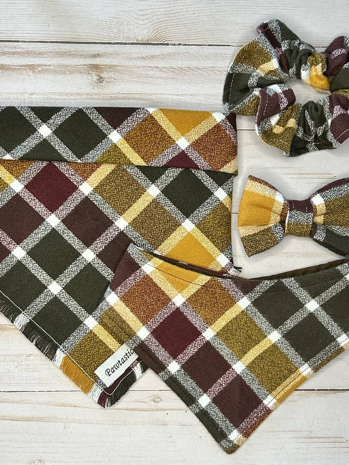 Bandana effiloché pour animaux de compagnie en forme de cidre à carreaux en option pour la vente par Pawtastic Bandanas