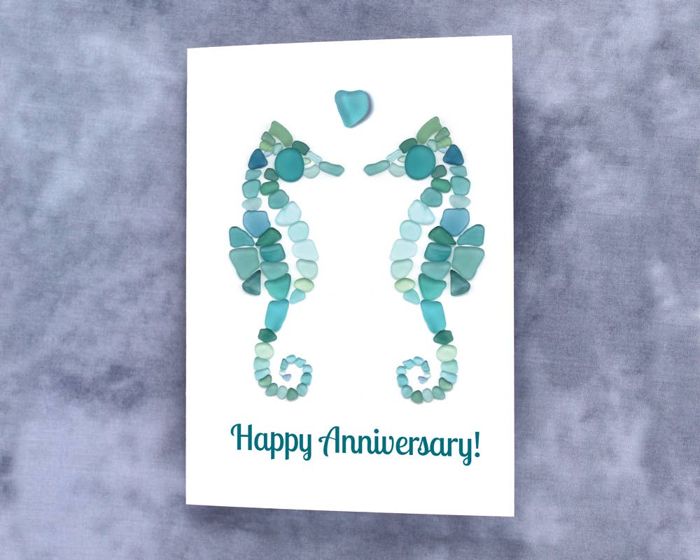 Beachcombing / Etched by the Sea - Wholesale Anniversary Card - Sea Glass Seahorses Happy Anniversary Card1