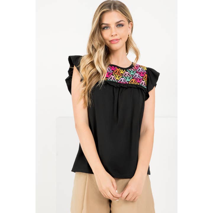 Black and White Flutter Sleeve Embroidered Blouse for wholesale by THML