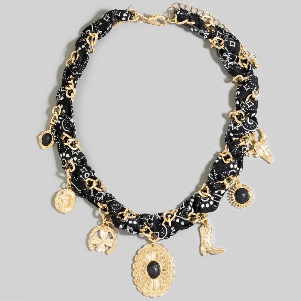 The Looks by Fame Accessories - Wholesale Pendant/Charm Necklace - Western Stone Set Concho Charms Paisley Bandana And Chain Braided Necklace5