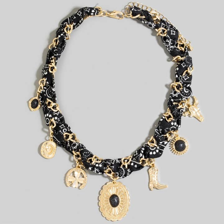 The Looks by Fame Accessories - Wholesale Pendant/Charm Necklace - Western Stone Set Concho Charms Paisley Bandana And Chain Braided Necklace5