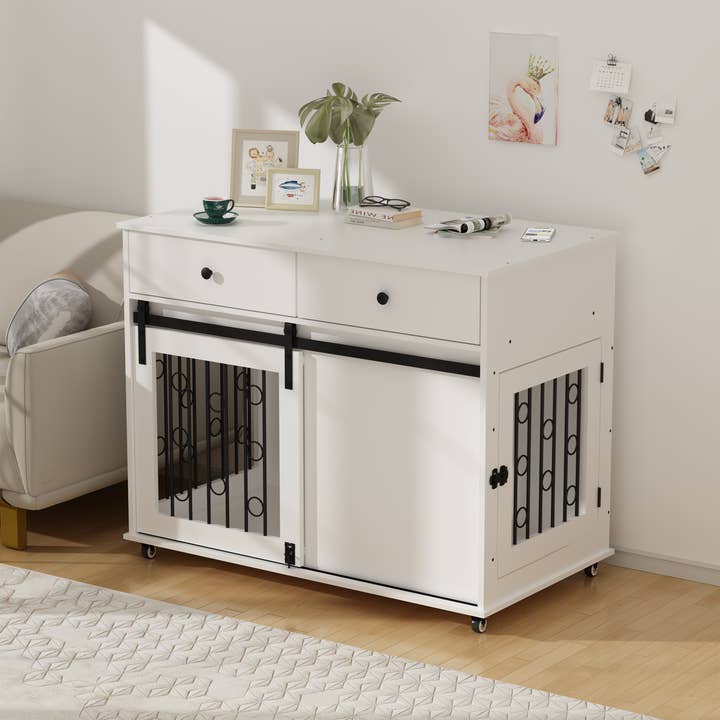 39F Inc. - Wholesale Pet Carrier - Dog - 39.37'' Wooden Dog Crate with Drawers & Barn Door White17