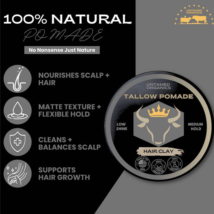Untamed Organics - Wholesale Hair Pomade - Men's - Gras-Fed Tallow Hair Clay Pomade | 2 oz Metal Can2