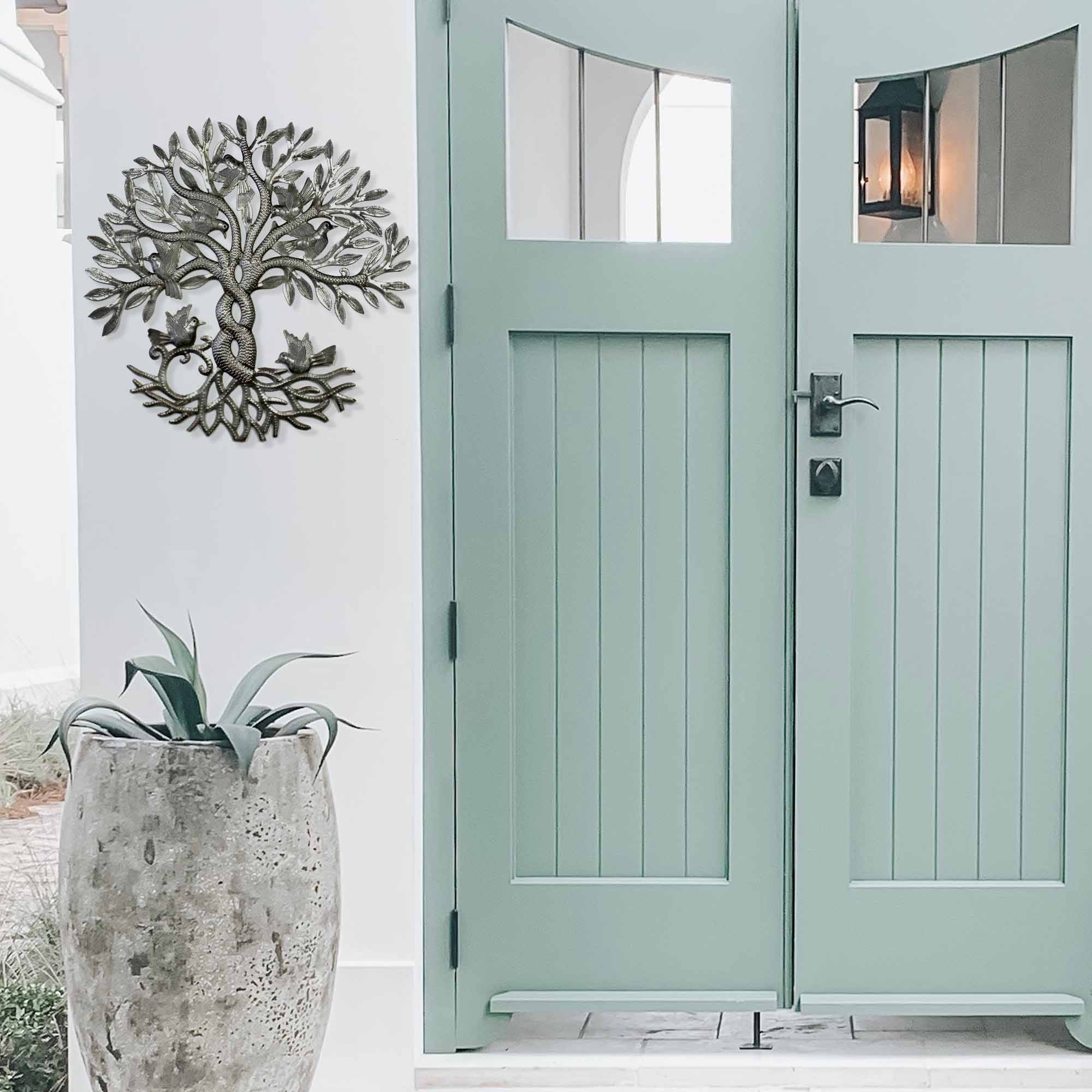 Global Crafts – wholesale Dimensionell/3D-väggkonst – 23" sammanflätade träd av livet haitiska metall trumma vägg konst2