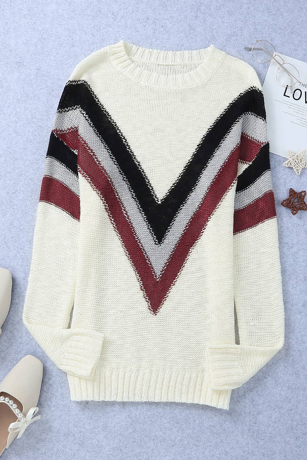 White Cecilia Chevron Striped Sweater for wholesale on Faire4